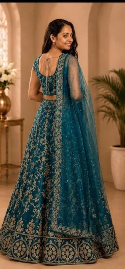 DESIGNER FLORAL WEDDING LEHENGA - Free Size, Peacock Blue-Green Shade