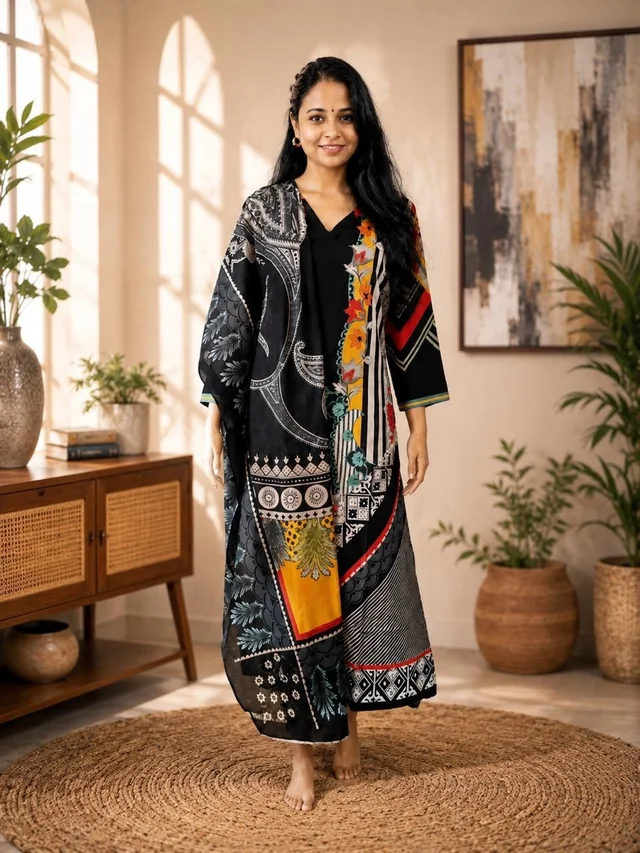 DESIGNER BLACK PRINTED KURTA SET WITH DUPATTA