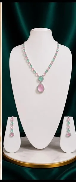 AMERICAN DIAMOND NECKLACE SET - Adjustable, Blue-Baby Pink