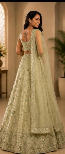 DESIGNER FLORAL LEHENGA - Free Size, Pastel Pistachio Green