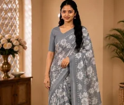 SOFT FLORAL SAREE - Grey