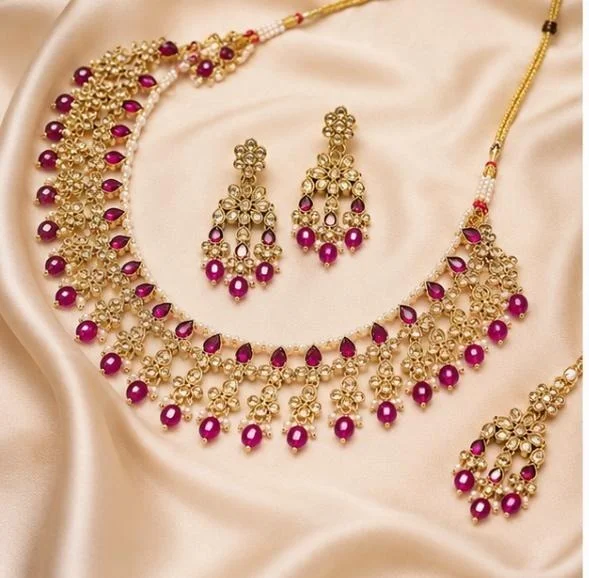 ELEGANT KUNDAN NECKLACE SET - Adjustable, Pink