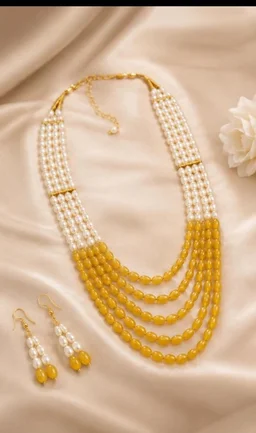 MULTI-LAYER PEARL BEAD HARAM SET - Adjustable, Yellow-White