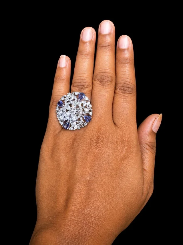 FLORAL AMERICAN DIAMOND FINGER RING - Adjustable, Purple