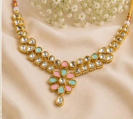 ELEGANT KUNDAN NECKLACE SET - Adjustable, Teal Blue