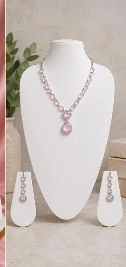 AMERICAN DIAMOND NECKLACE SET - Adjustable, Baby Pink