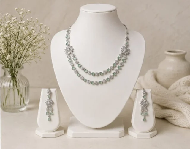 MINT GREEN FLORAL LAYERED NECKLACE SET - Adjustable, Mint Green