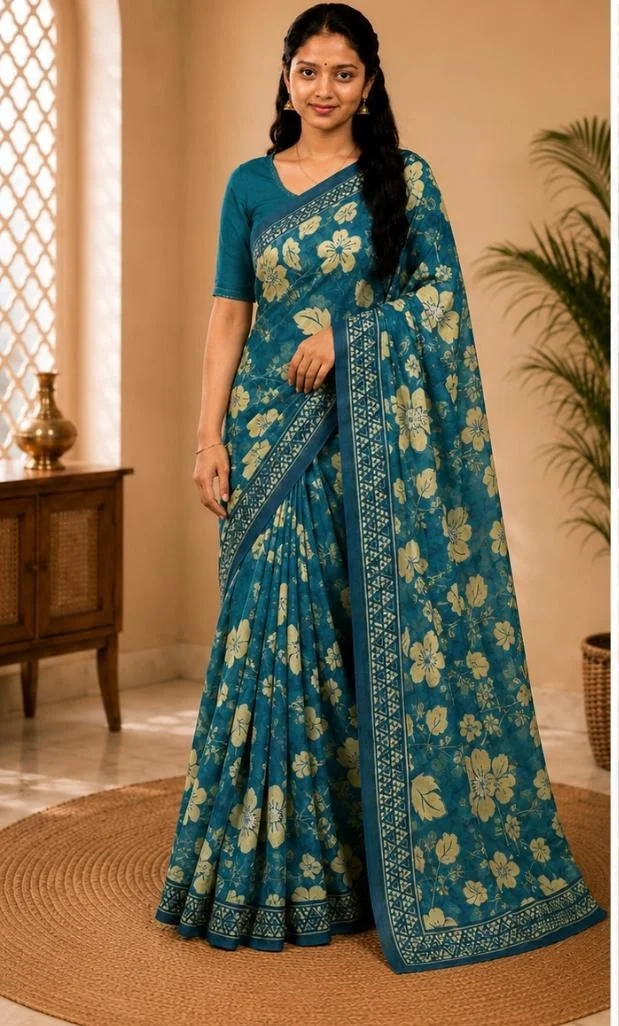 SOFT FLORAL SAREE - Blue
