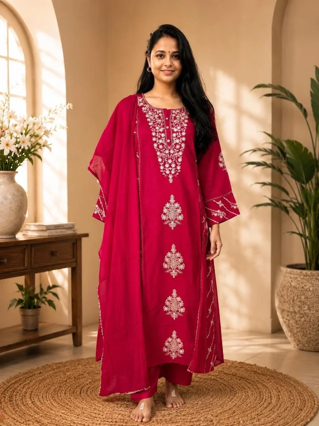 FUCHSIA PINK EMBROIDERED KURTA SET WITH DUPATTA