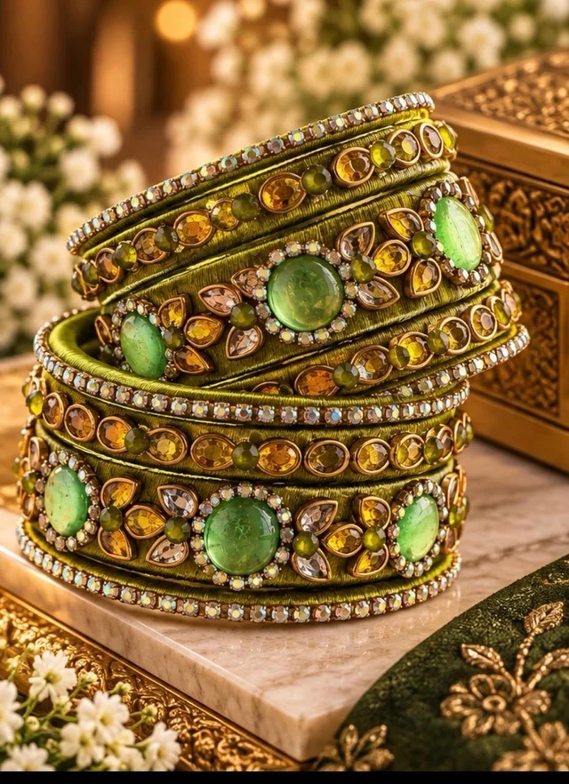 vibhasparkles OLIVE GREEN HANDICRAFTED BANGLES - 2.6, OLIVE GREEN
