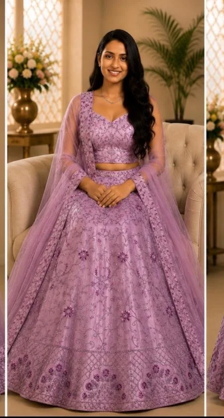 DESIGNER FLORAL LEHENGA - Free Size, Lavender Purple
