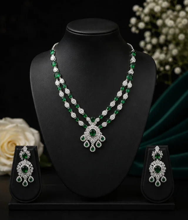 EMERALD ELEGANCE DUAL LAYER AMERICAN DIAMOND NECKLACE SET - Adjustable, Emerald-Green