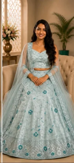 DESIGNER FLORAL LEHENGA - Free Size, Aqua Blue