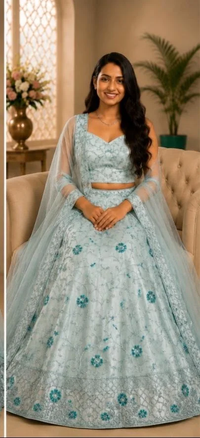 DESIGNER FLORAL LEHENGA - Free Size, Aqua Blue