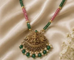 TEMPLE PENDANT BEADED NECKLACE - Free Size, Green-Pink