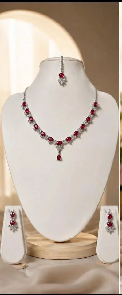 AMERICAN DIAMOND NECKLACE SET - Adjustable, Red