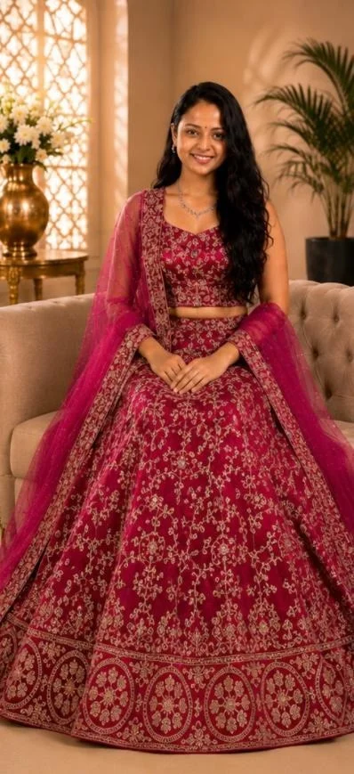 DESIGNER FLORAL WEDDING LEHENGA - Free Size, Rani Pink