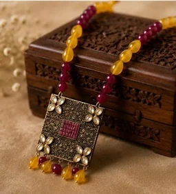 PREMIUM-SEMI PRECIOUS QUARTZ STONE BEADS HARAM - Adjustable, Red-Yellow