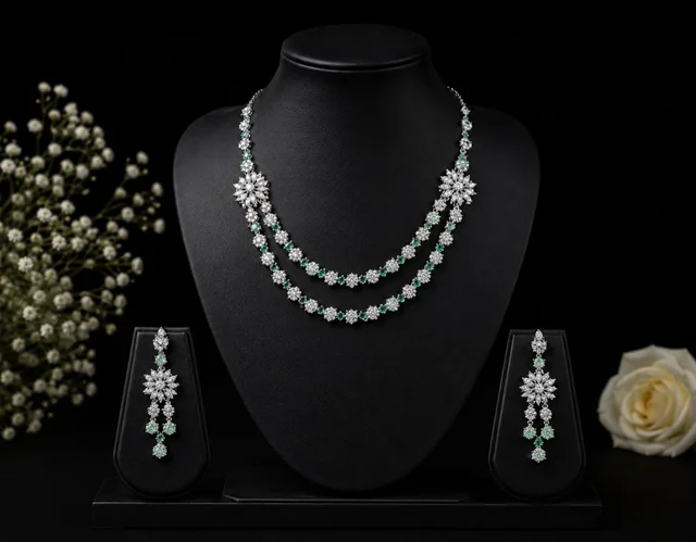MINT GREEN FLORAL LAYERED NECKLACE SET - Adjustable, Mint Green