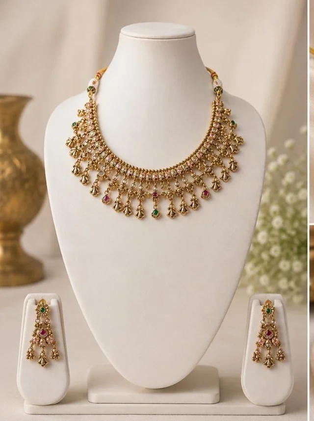 ELEGANT FLORAL RAJWADI NECKLACE SET - Adjustable, Gold Plated