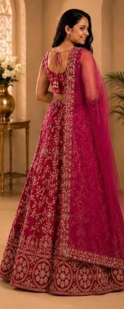 DESIGNER FLORAL WEDDING LEHENGA - Free Size, Rani Pink