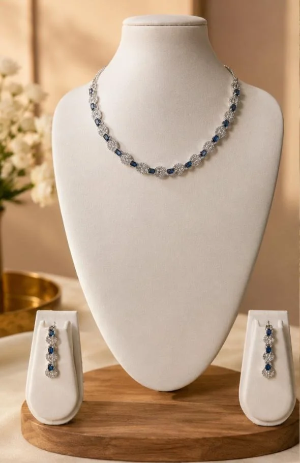 AMERICAN DIAMOND NECKLACE SET - Adjustable, Blue, Lemon Yellow, Green