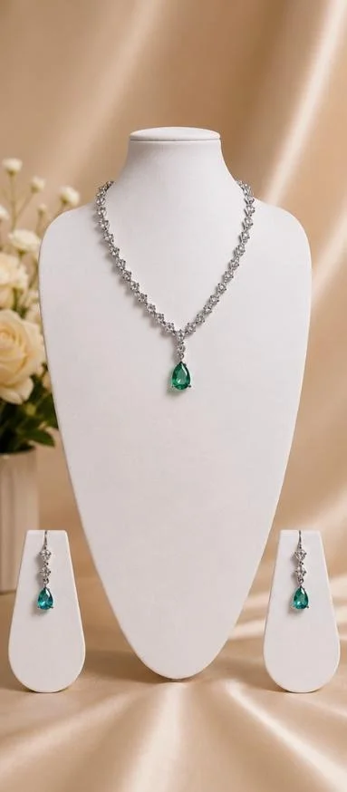 AMERICAN DIAMOND NECKLACE SET - Adjustable, Mint Blue