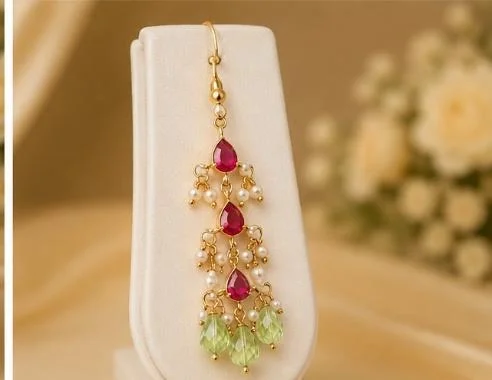 ELEGANT KUNDAN NECKLACE SET - Adjustable, Red-Green