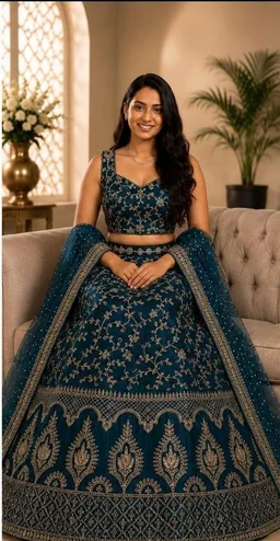 DESIGNER FLORAL WEDDING LEHENGA - Free Size, Deep Navy Blue