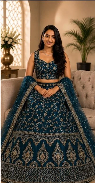 DESIGNER FLORAL WEDDING LEHENGA - Free Size, Deep Navy Blue