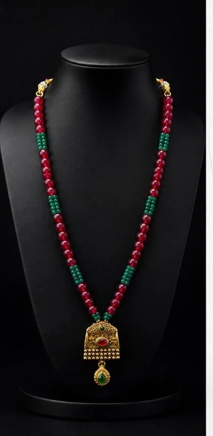 PREMIUM-SEMI PRECIOUS QUARTZ STONE BEADS HARAM - Adjustable, Red-Green