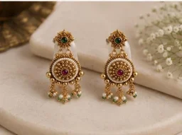 ELEGANT FLORAL RAJWADI NECKLACE SET - Adjustable, White-Green