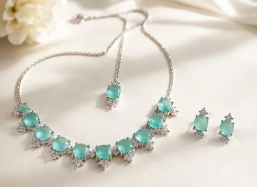 AMERICAN DIAMOND NECKLACE SET - Adjustable, Sea Blue