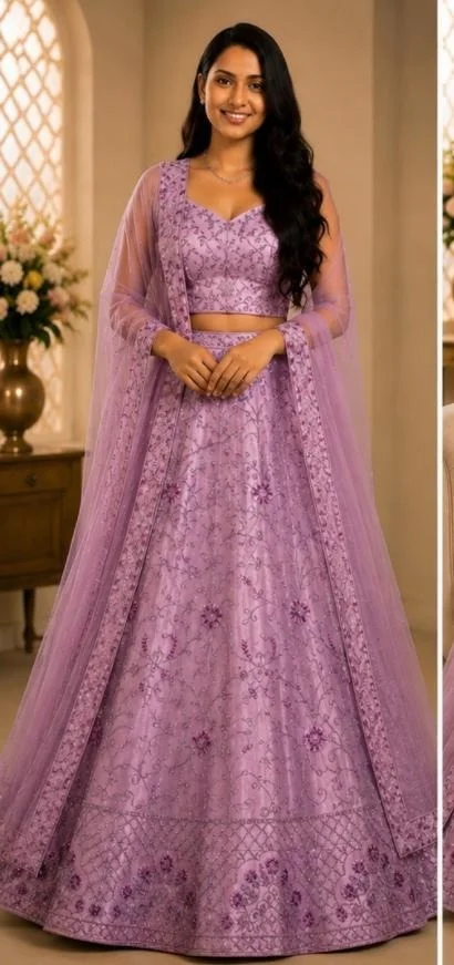 DESIGNER FLORAL LEHENGA - Free Size, Lavender Purple