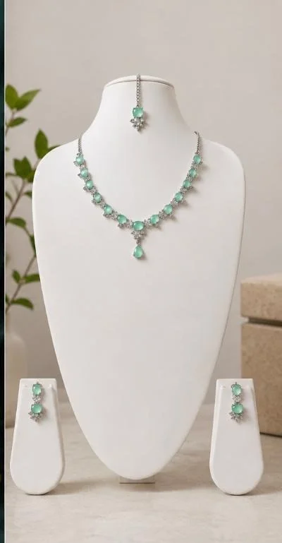 AMERICAN DIAMOND NECKLACE SET - Adjustable, Sea Blue