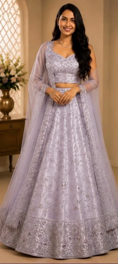 DESIGNER FLORAL LEHENGA - Free Size, Silver Grey