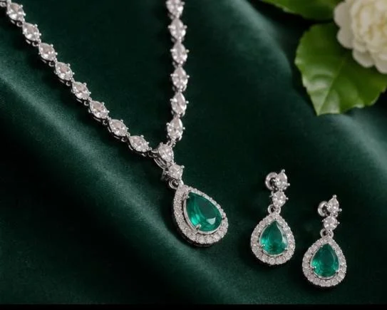 AMERICAN DIAMOND NECKLACE SET - Adjustable, Mint Blue