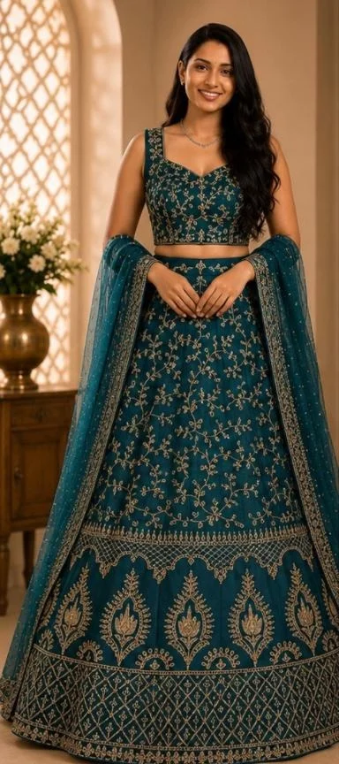 DESIGNER FLORAL WEDDING LEHENGA - Free Size, Peacock Blue-Green Shade