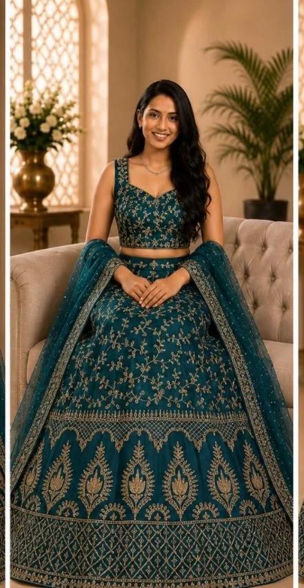 DESIGNER FLORAL WEDDING LEHENGA - Free Size, Peacock Blue-Green Shade