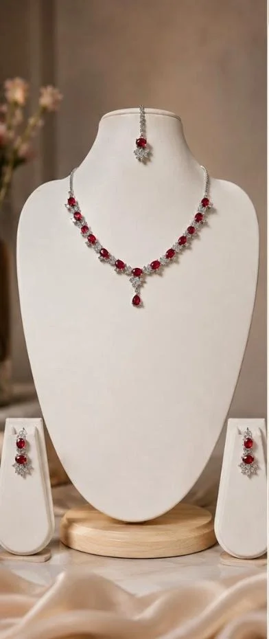 AMERICAN DIAMOND NECKLACE SET - Adjustable, Red