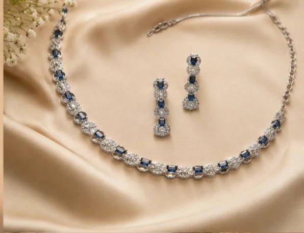 AMERICAN DIAMOND NECKLACE SET - Adjustable, Blue, Lemon Yellow, Green