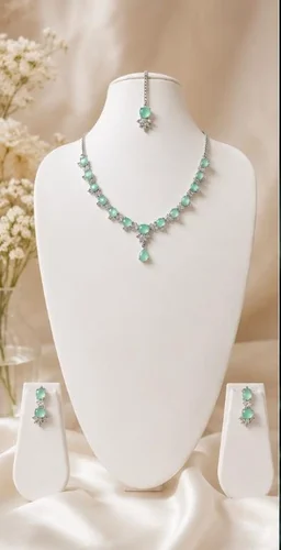 AMERICAN DIAMOND NECKLACE SET - Adjustable, Sea Blue
