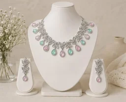 PASTEL BLOOM FLORAL STATEMENT NECKLACE SET - Adjustable, Pastel Pink-Mint Green