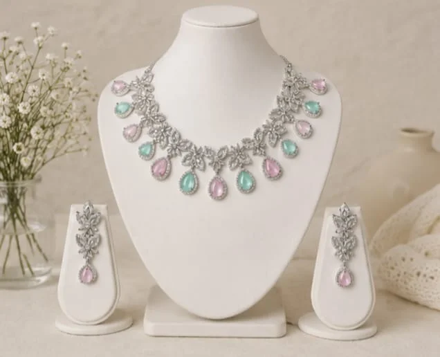 PASTEL BLOOM FLORAL STATEMENT NECKLACE SET - Adjustable, Pastel Pink-Mint Green