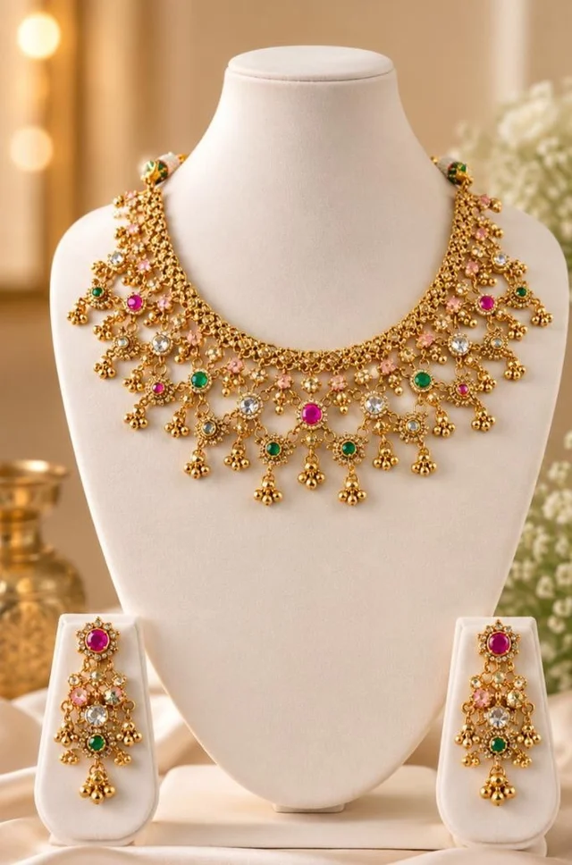 ELEGANT RAJWADI FLORAL NECKLACE SET - Adjustable, Gold Plated