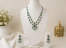 EMERALD ELEGANCE DUAL LAYER AMERICAN DIAMOND NECKLACE SET - Adjustable, Emerald-Green