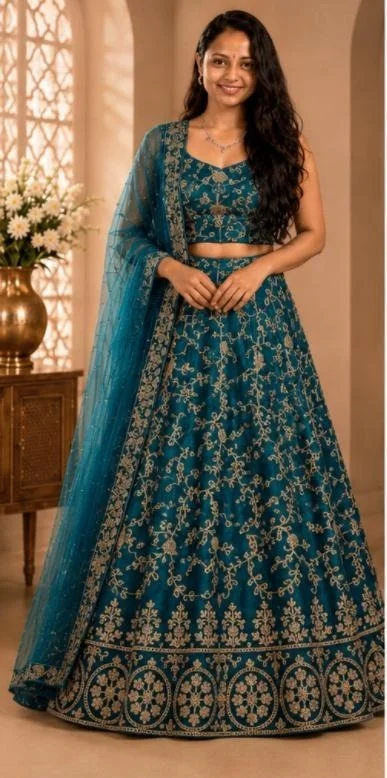 DESIGNER FLORAL WEDDING LEHENGA - Free Size, Peacock Blue-Green Shade