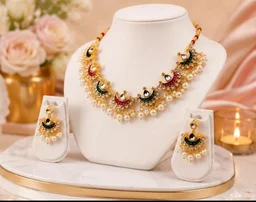 ELEGANT KUNDAN NECKLACE SET - Adjustable, Red_Green