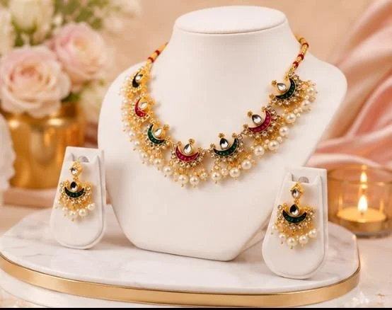 ELEGANT KUNDAN NECKLACE SET - Adjustable, Red_Green