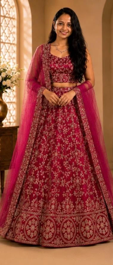 DESIGNER FLORAL WEDDING LEHENGA - Free Size, Rani Pink